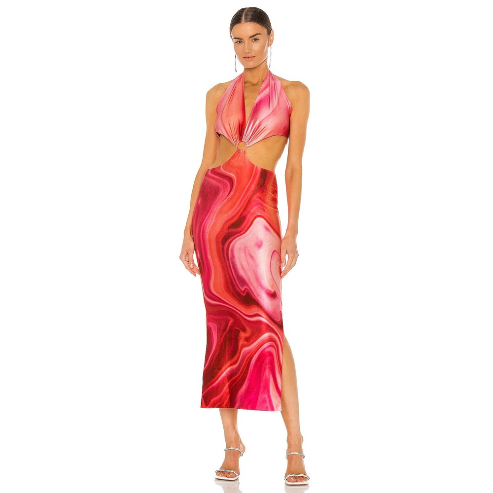 Farai London Red Pink Gaia Long Midi Dress Halter Cutout Stretch Slit Size Small